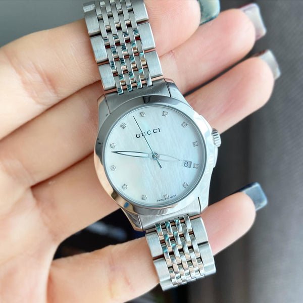 Gucci G Timeless Diamonds Mother of Pearl Dial Silver Steel Strap Watch For Women - YA126504