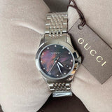 Gucci G Timeless Diamonds Mother of Pearl Black Dial Silver Steel Strap Watch For Women - YA126505