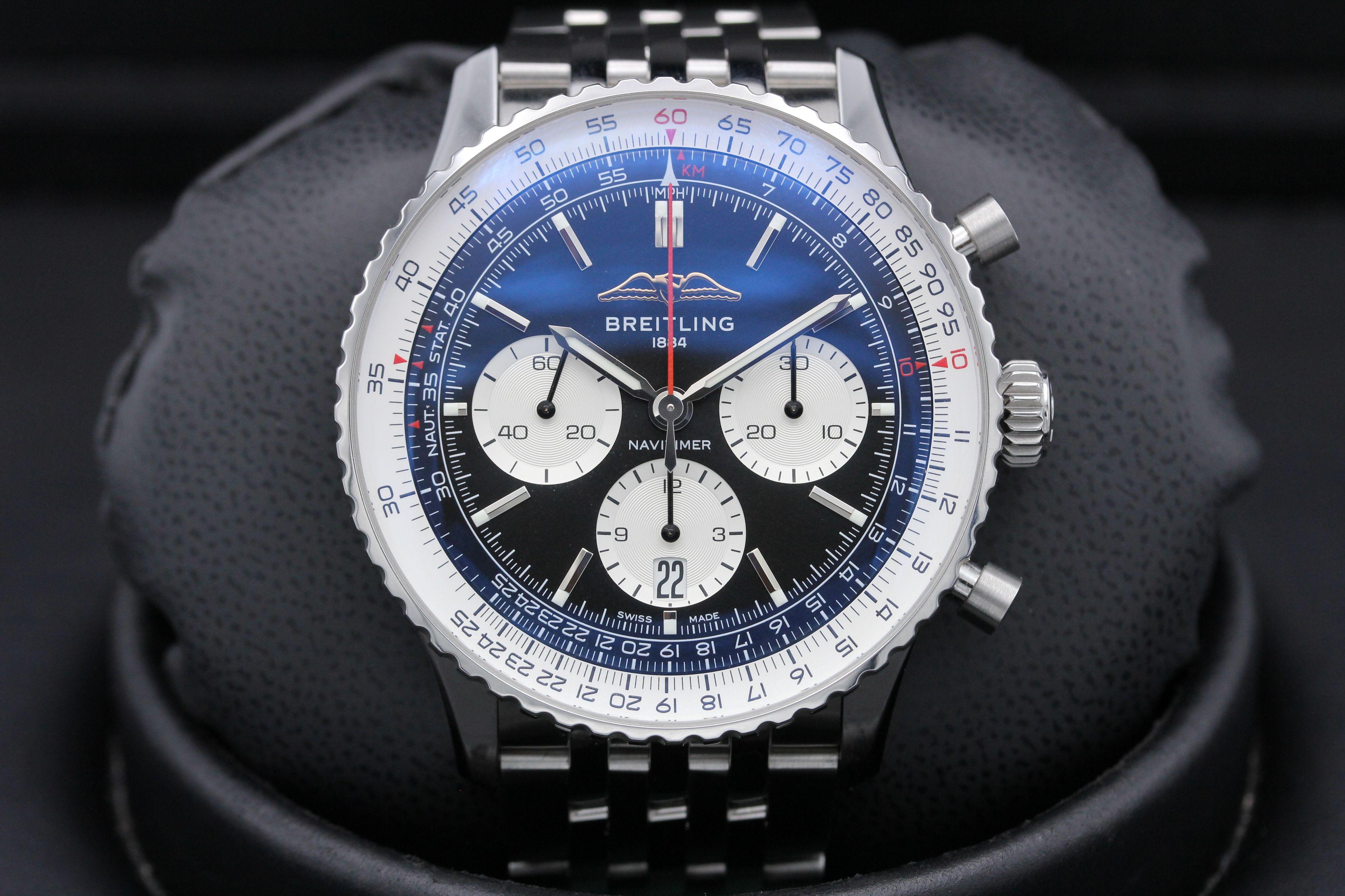 Breitling Navitimer B01 Chronograph 43 Black Dial Silver Steel Strap Watch for Men - AB0138211B1A1