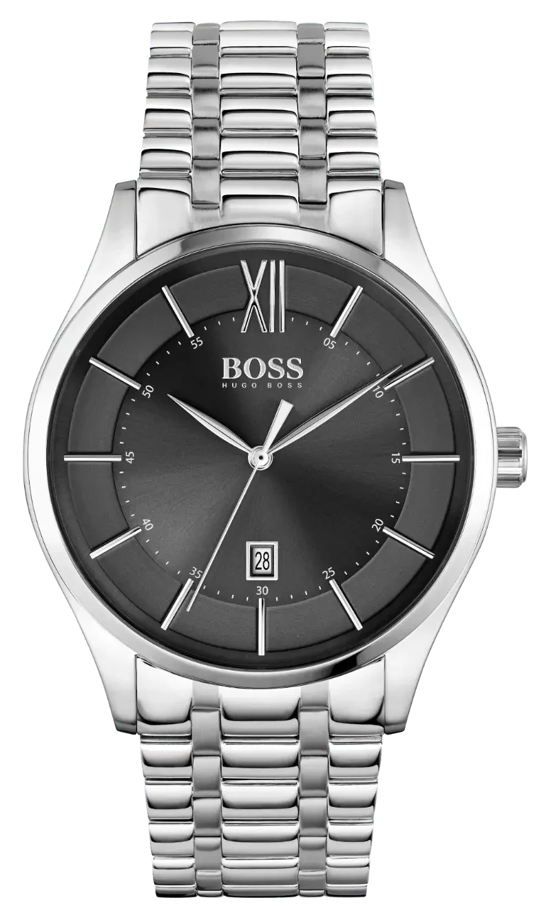 Hugo Boss Officer Black Dial Silver Steel Strap Watch for Men - 1513614
