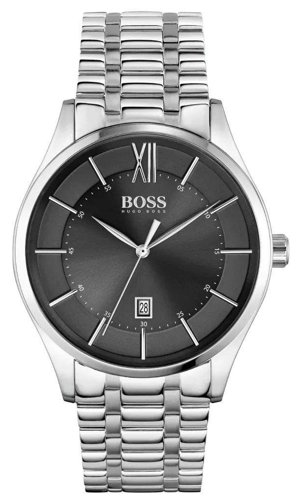 Hugo Boss Officer Black Dial Silver Steel Strap Watch for Men - 1513614