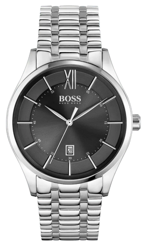Hugo Boss Officer Black Dial Silver Steel Strap Watch for Men - 1513614
