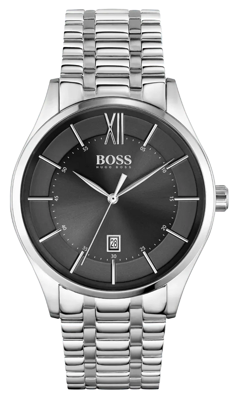 Hugo Boss Officer Black Dial Silver Steel Strap Watch for Men - 1513614