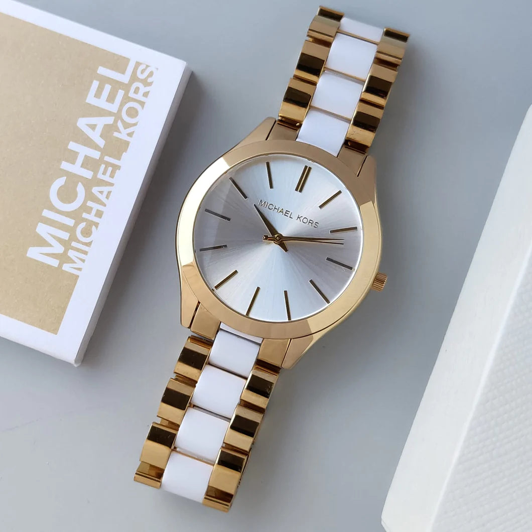 Michael Kors Slim Runway Quartz White Dial Two Tone Steel Strap Watch For Women - MK4295