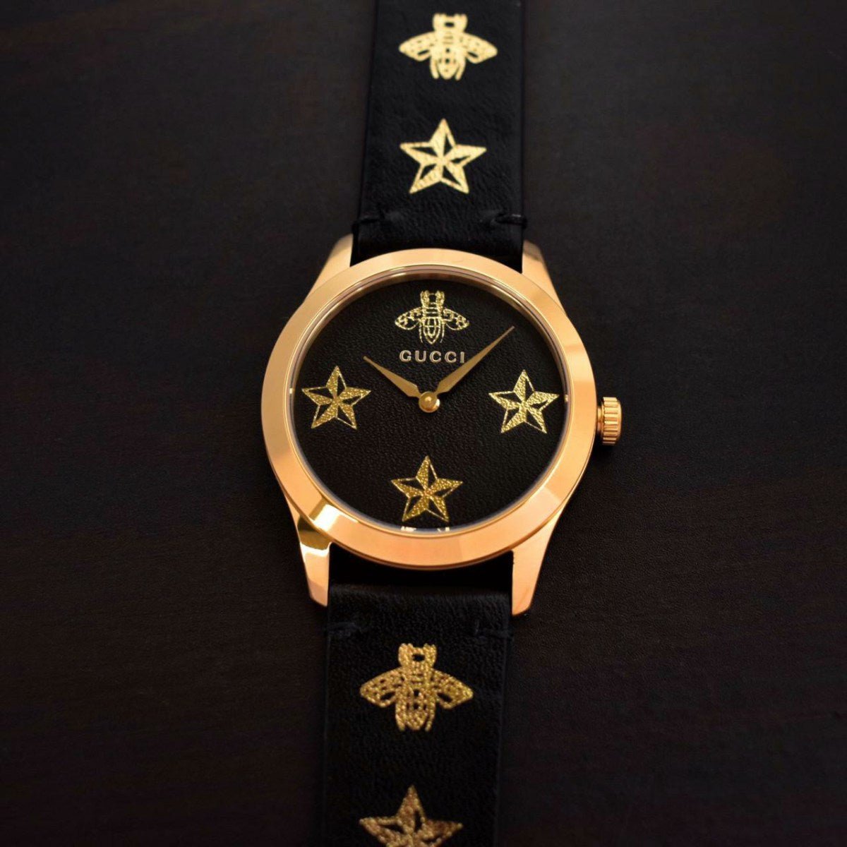 Gucci G Timeless Bee Motif Black Dial Black Leather Strap Watch For Women - YA1264055