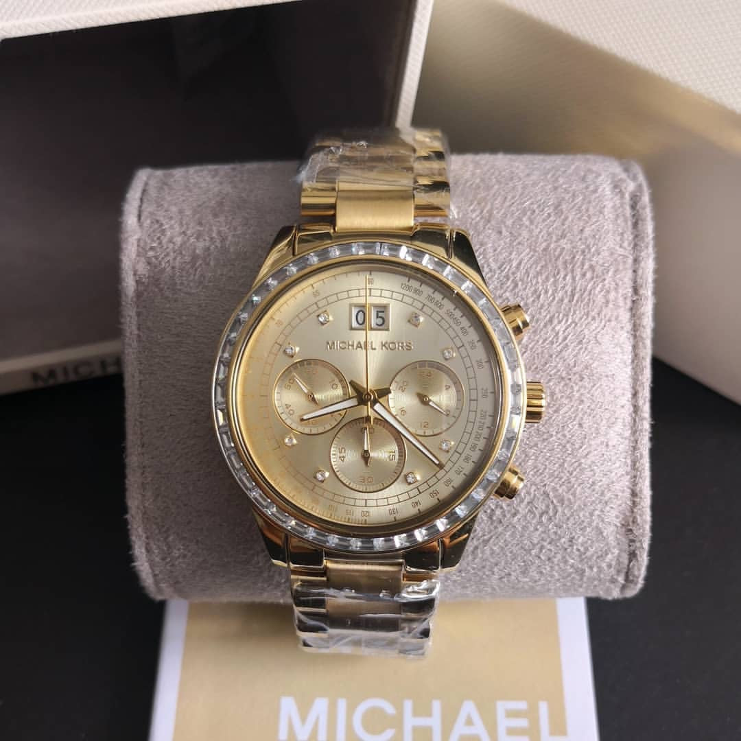 Michael Kors Brinkley Diamonds Gold Dial Gold Steel Strap Watch for Women - MK6187