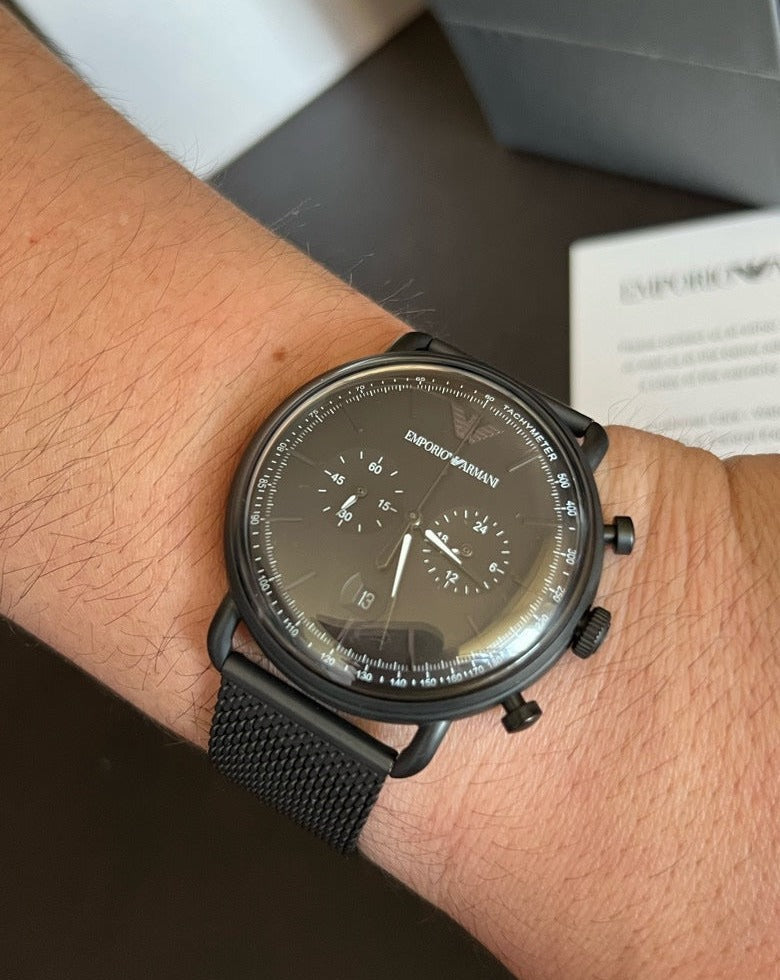 Emporio Armani Aviator Chronograph Black Dial Black Mesh Bracelet Watch For Men - AR11264