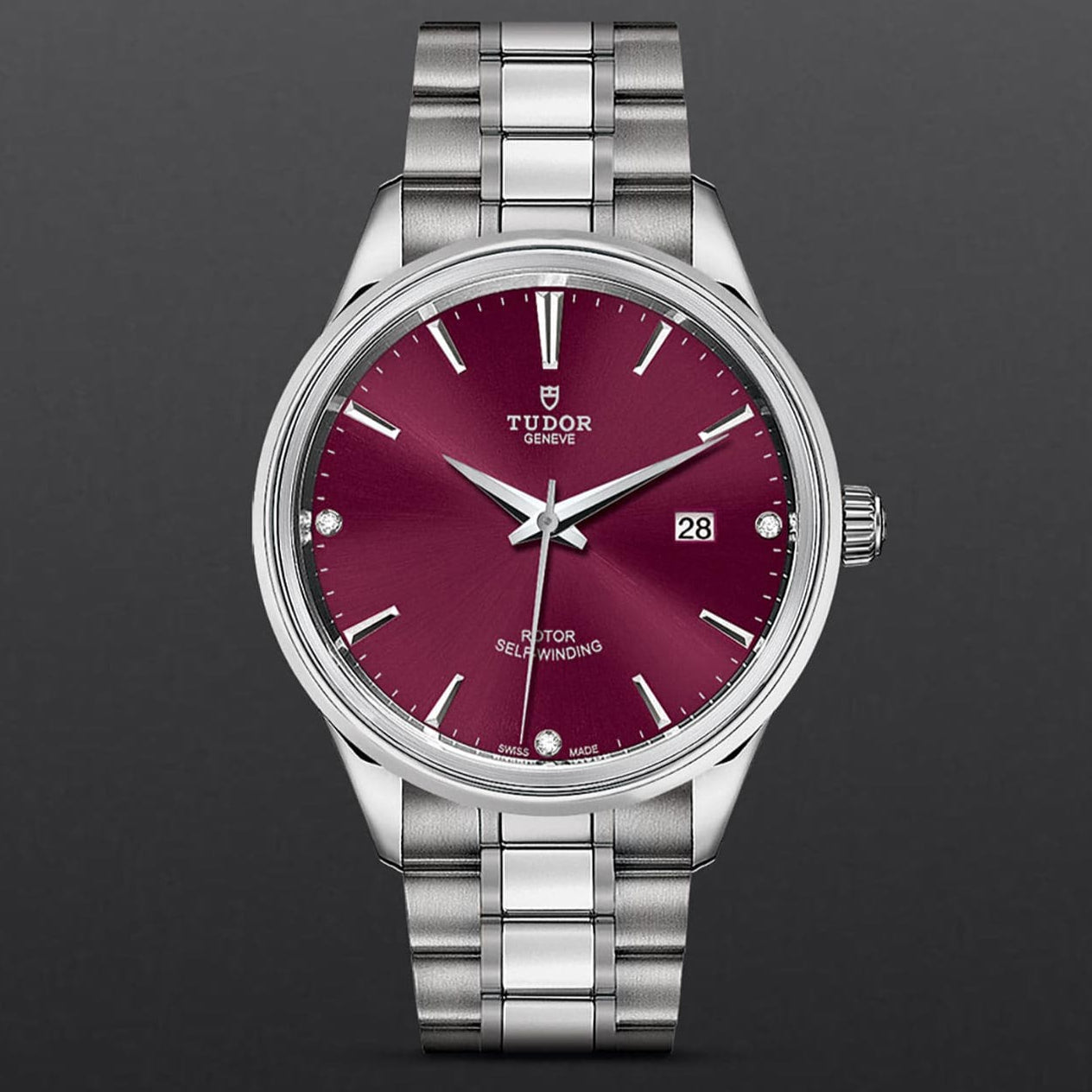 Tudor Style Automatic Burgundy Red Dial Silver Steel Strap Watch for Men - M12710-0015