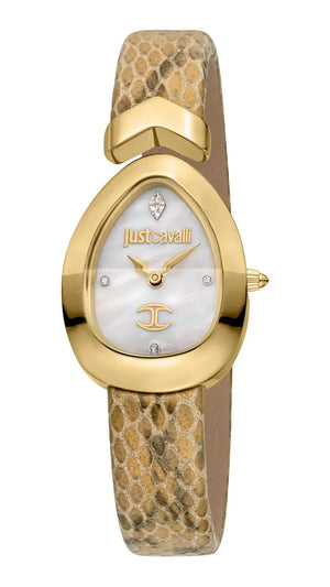 Just Cavalli Diversa Snake Mother of Pearl Dial Brown Leather Strap Watch for Women - JC1L321L0025