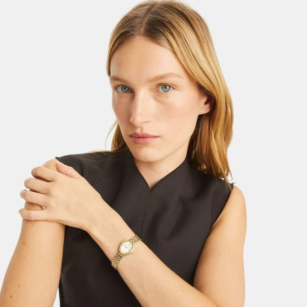 Tory Burch Oval White Dial Two Tone Steel Strap Watch for Women - TBW6033