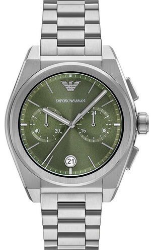 Emporio Armani Federico Chronograph Green Dial Silver Steel Strap Watch for Men - AR11640