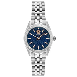 Versace V-Code Analog Blue Dial Silver Steel Strap Watch for Women - VE8I00324
