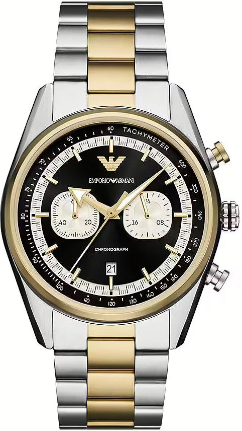 Emporio Armani Racer Chronograph Black Dial Two Tone Steel Strap Watch for Men - AR11678