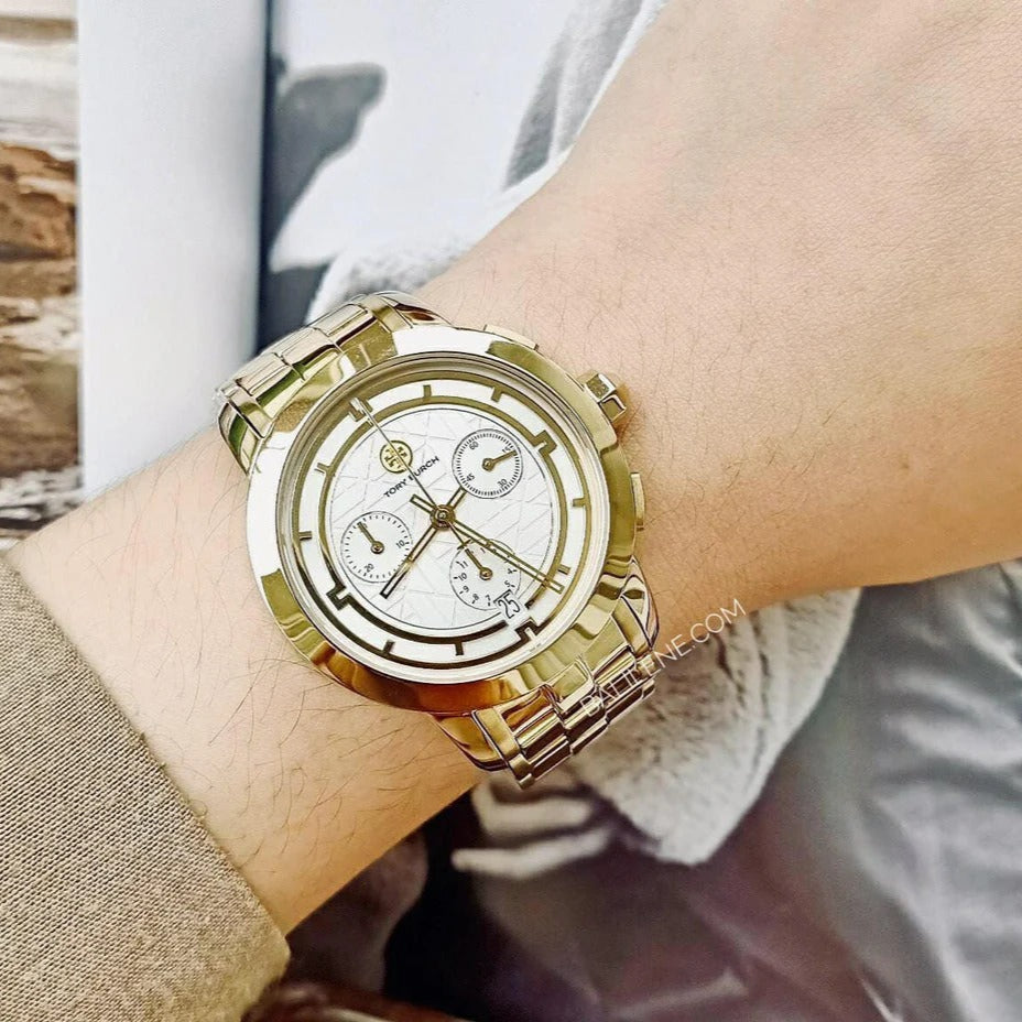 Tory Burch Classic Chronograph White Dial Gold Steel Strap Watch for Women - TBW1032