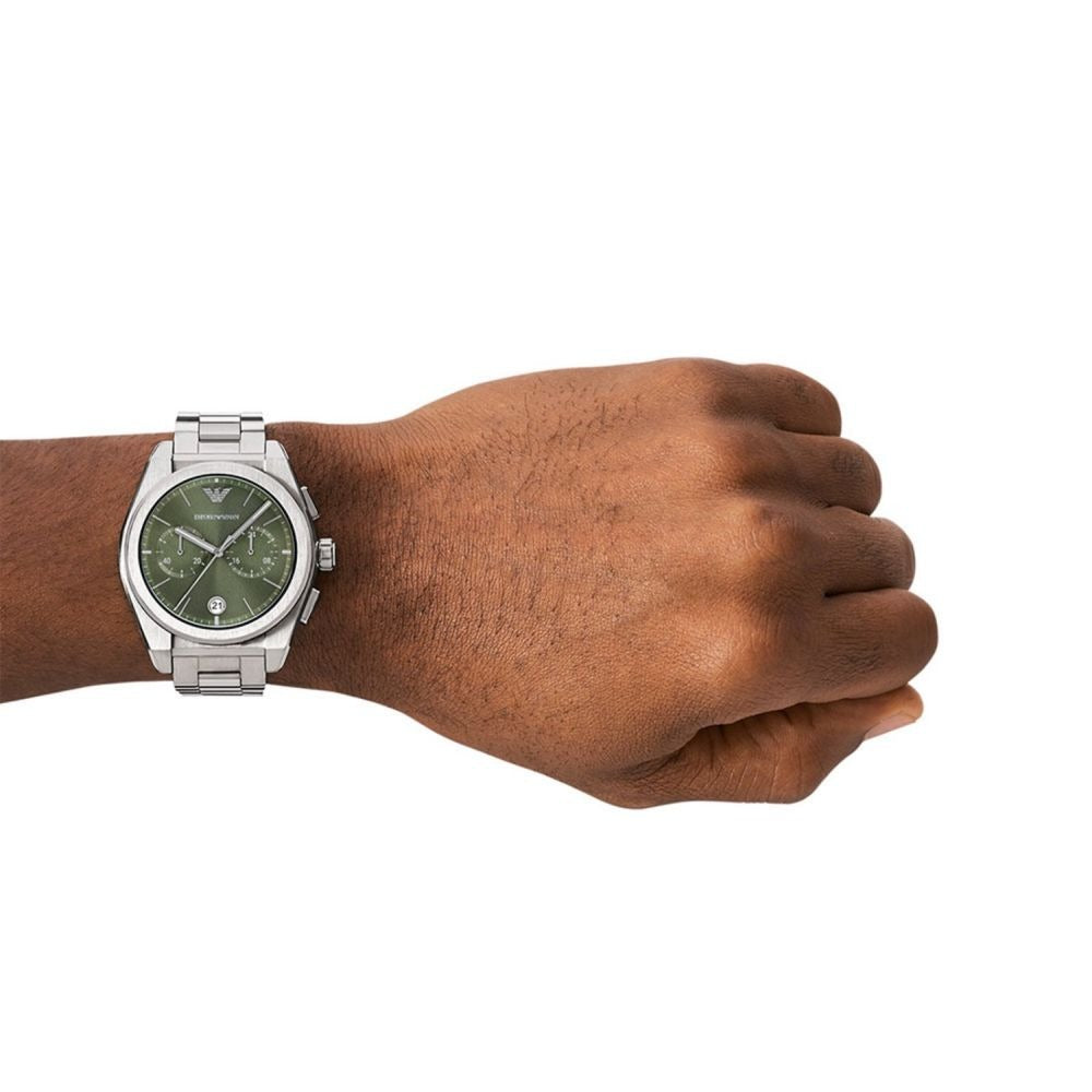 Emporio Armani Federico Chronograph Green Dial Silver Steel Strap Watch for Men - AR11640