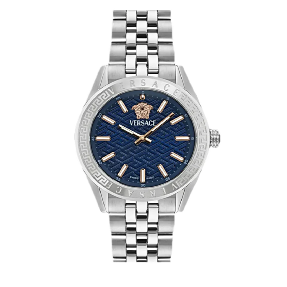 Versace V-Code Analog Blue Dial Silver Steel Strap Watch for Women - VE8I00324