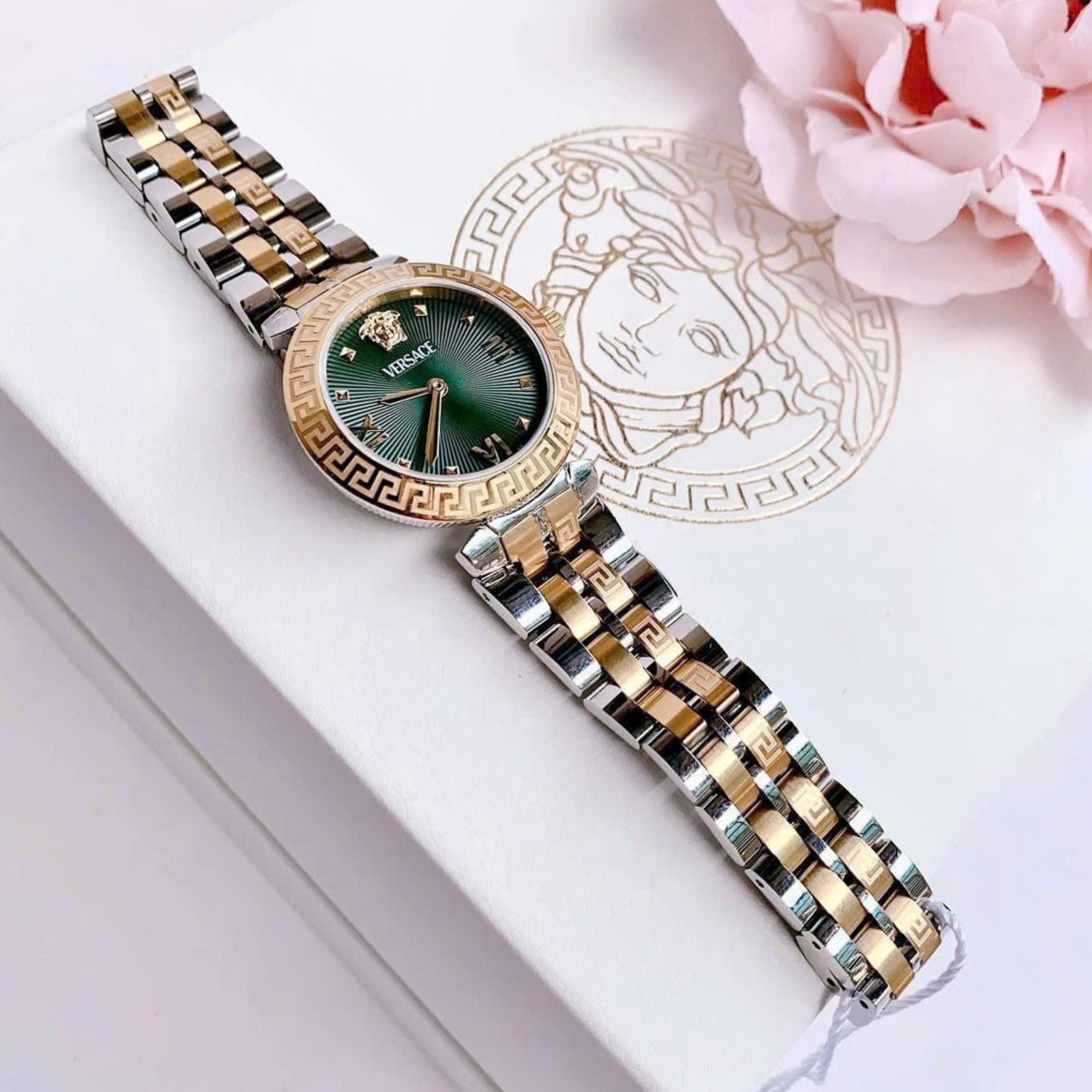 Versace Daphnis Quartz Green Dial Two Tone Steel Strap Watch for Women - VEOCA0424