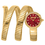Just Cavalli Enchanting Red Dial Gold Steel Strap Watch for Women - JC1L302M0035