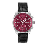 Hugo Boss Skytraveller Chronograph Burgundy Red Dial Black Leather Strap Watch for Men - 1514193