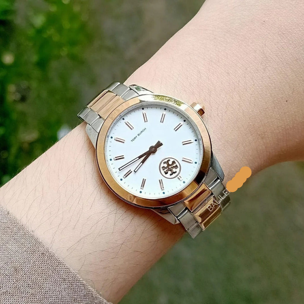 Tory Burch Collins White Dial Two Tone Steel Strap Watch for Women - TBW1305