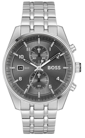 Hugo Boss Skytraveller Chronograph Grey Dial Silver Steel Strap Watch for Men - 1514151