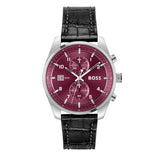 Hugo Boss Skytraveller Chronograph Burgundy Red Dial Black Leather Strap Watch for Men - 1514193