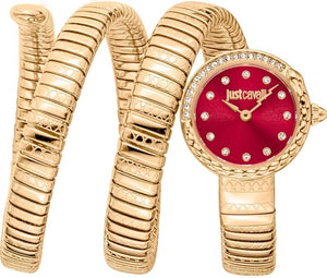 Just Cavalli Enchanting Red Dial Gold Steel Strap Watch for Women - JC1L302M0035