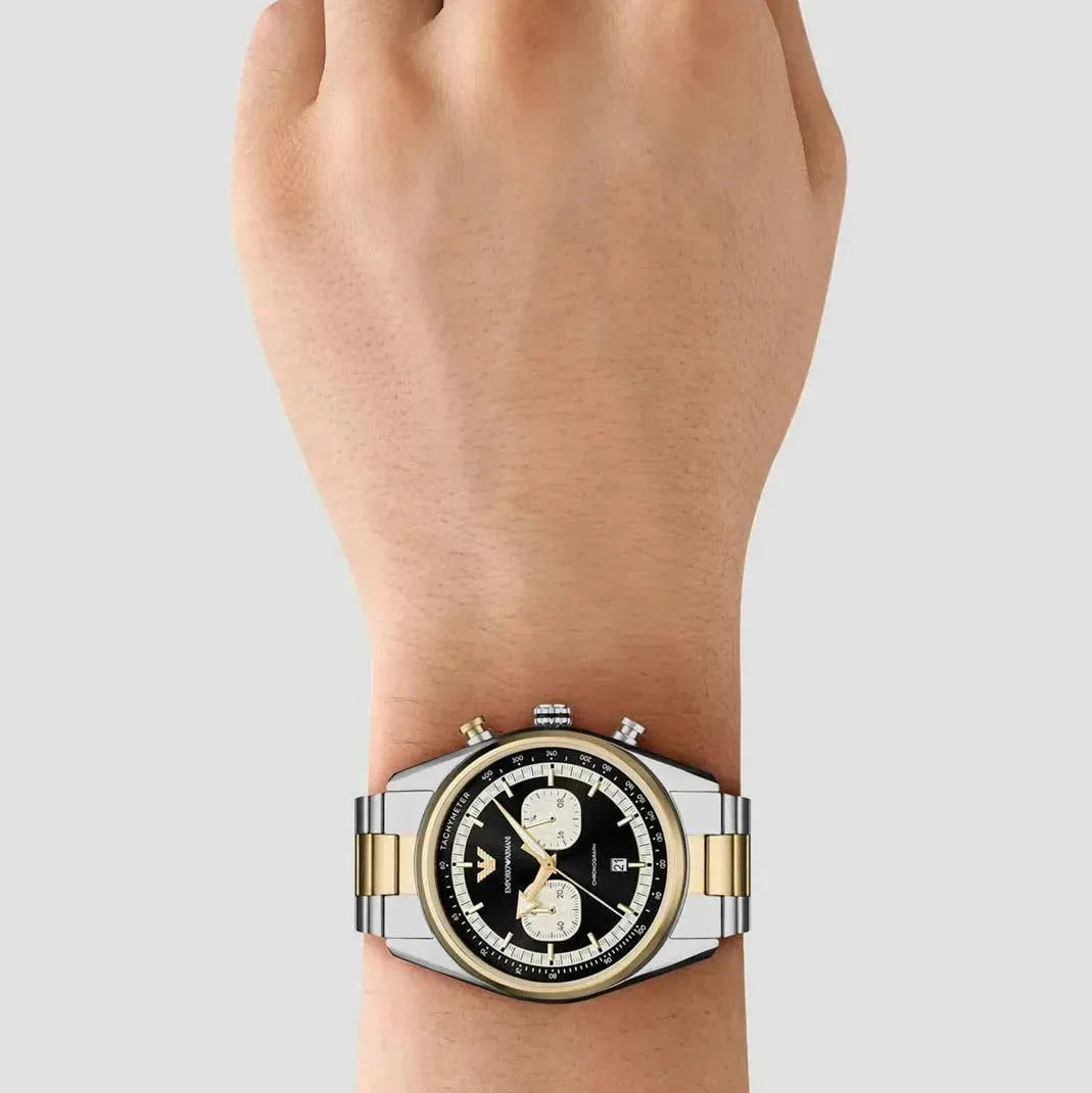 Emporio Armani Racer Chronograph Black Dial Two Tone Steel Strap Watch for Men - AR11678
