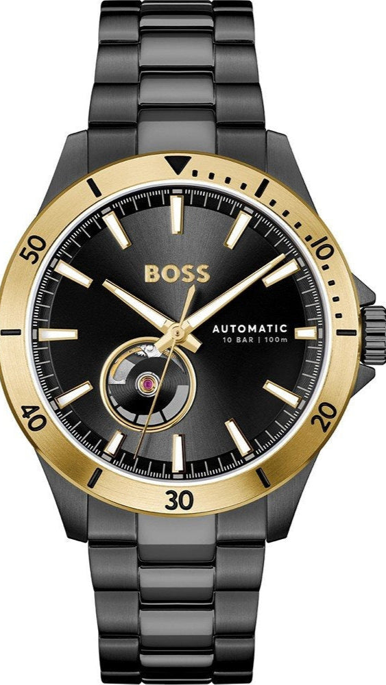 Hugo Boss Troper Chronograph Automatic Black Dial Black Steel Strap Watch for Men - 1514203