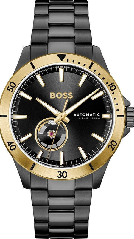 Hugo Boss Troper Chronograph Automatic Black Dial Black Steel Strap Watch for Men - 1514203