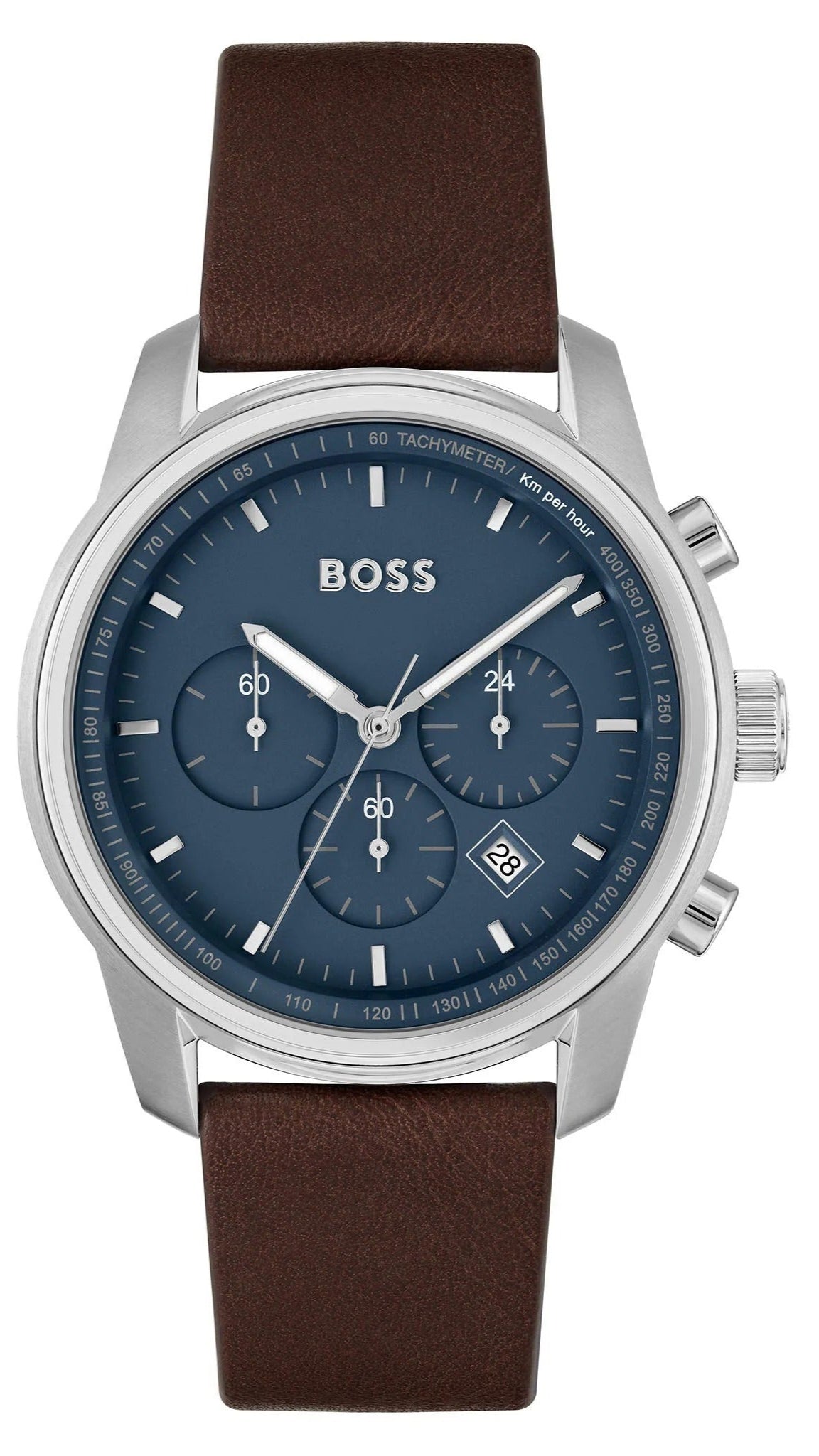 Hugo Boss Trace Chronograph Blue Dial Brown Leather Strap Watch for Men - 1514002