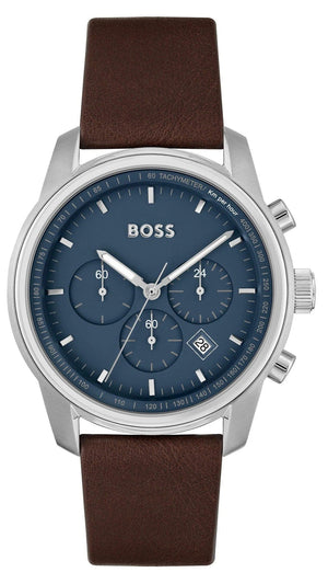 Hugo Boss Trace Chronograph Blue Dial Brown Leather Strap Watch for Men - 1514002