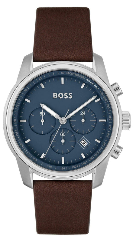 Hugo Boss Trace Chronograph Blue Dial Brown Leather Strap Watch for Men - 1514002
