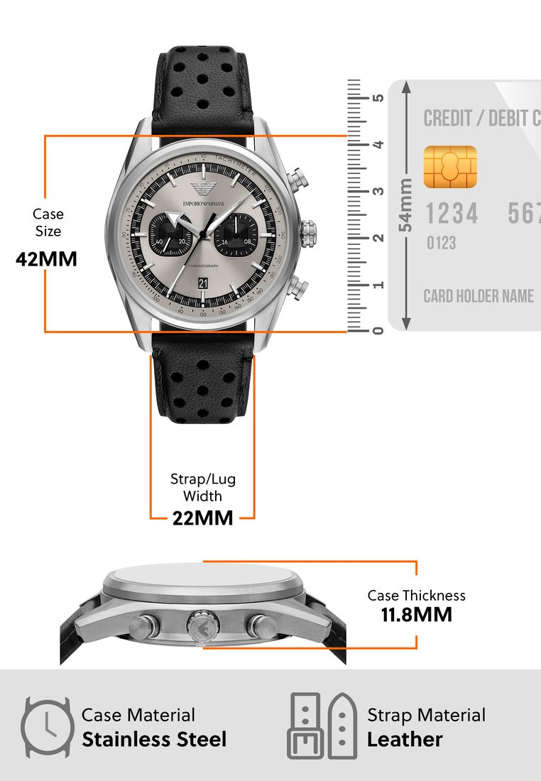 Emporio Armani Racer Chronograph Silver Dial Black Leather Strap Watch for Men - AR11677