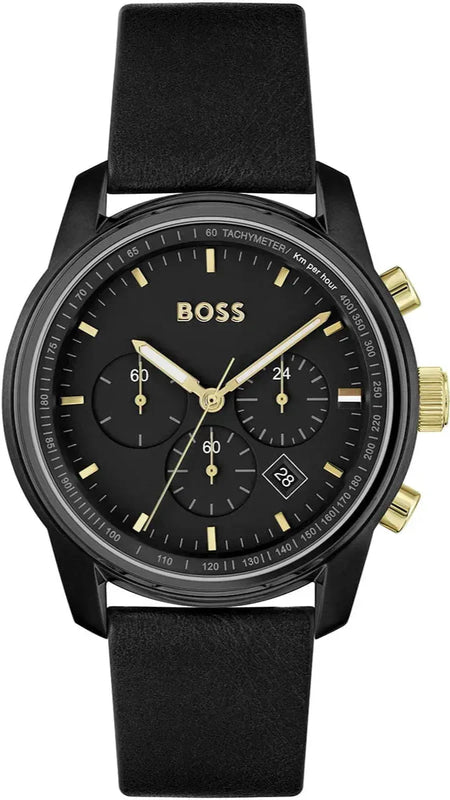 Hugo Boss Trace Chronograph Black Dial Black Leather Strap Watch for Men - 1514003