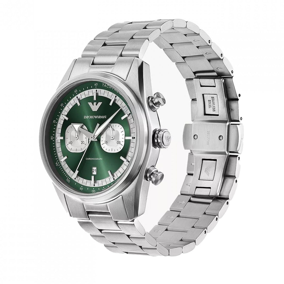 Emporio Armani Racer Chronograph Green Dial Silver Steel Strap Watch for Men - AR11637