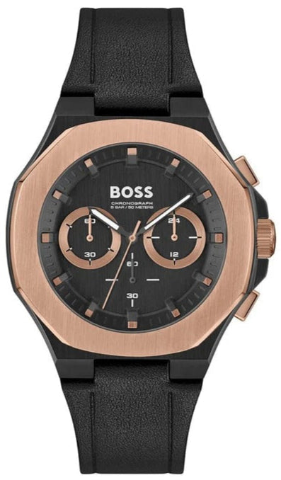 Hugo Boss Taper Chronograph Black Dial Black Leather Strap Watch for Men - 1514089