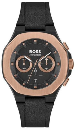 Hugo Boss Taper Chronograph Black Dial Black Leather Strap Watch for Men - 1514089