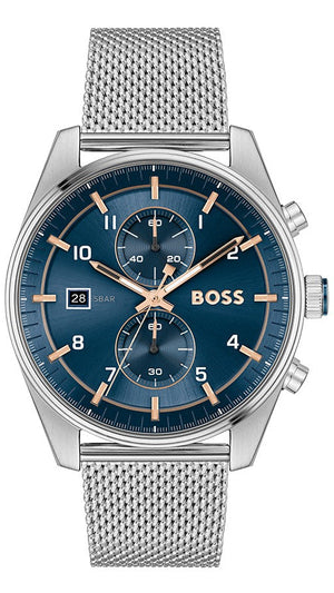 Hugo Boss Skytraveller Chronograph Blue Dial Silver Mesh Strap Watch for Men - 1514149