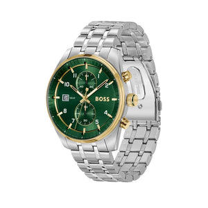 Hugo Boss Skytraveller Chronograph Green Dial Silver Steel Strap Watch for Men - 1514195