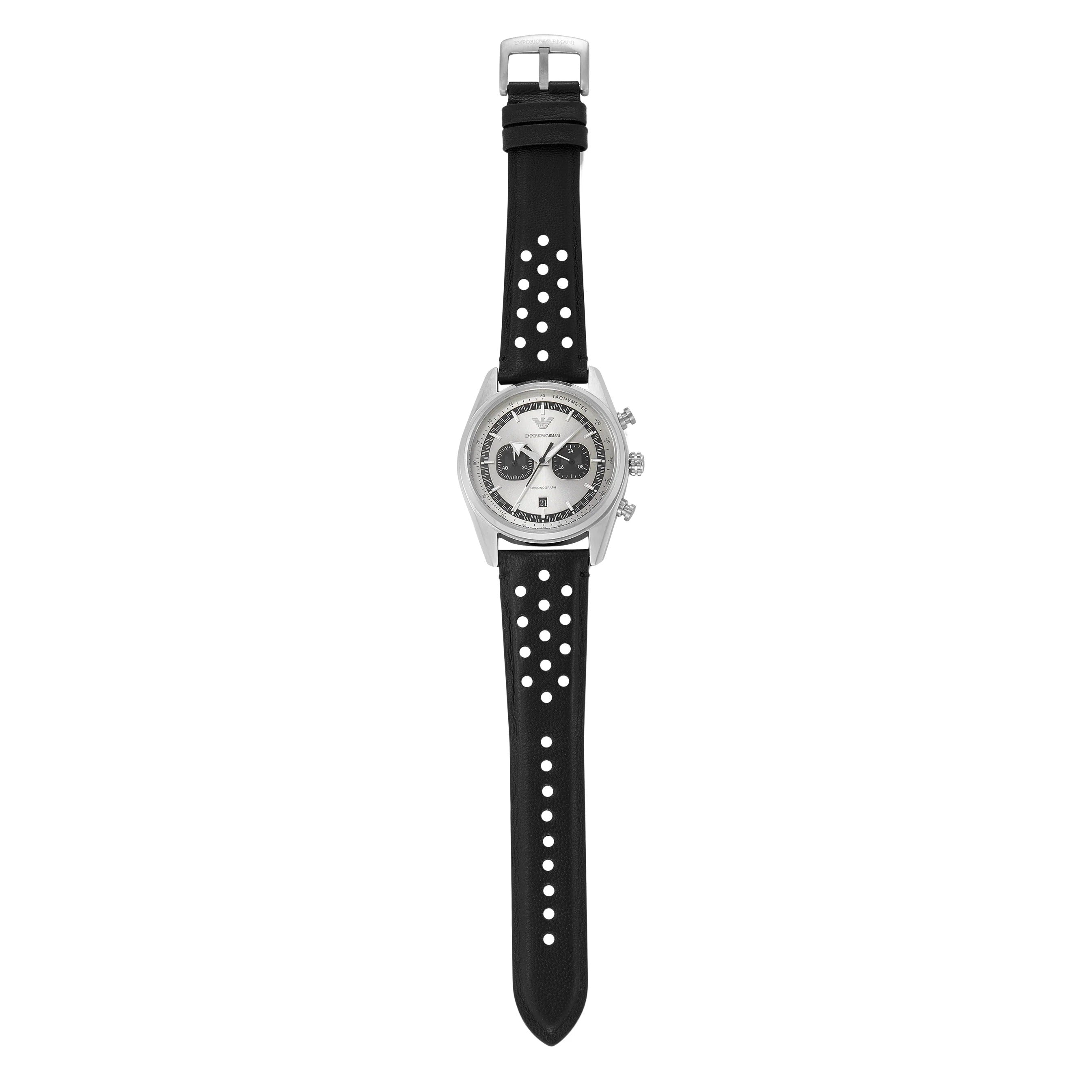 Emporio Armani Racer Chronograph Silver Dial Black Leather Strap Watch for Men - AR11677