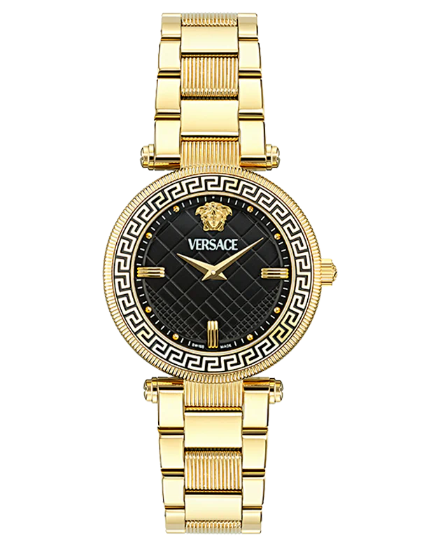 Versace Reve Analog Black Dial Gold Steel Strap Watch for Women - VE8B00624