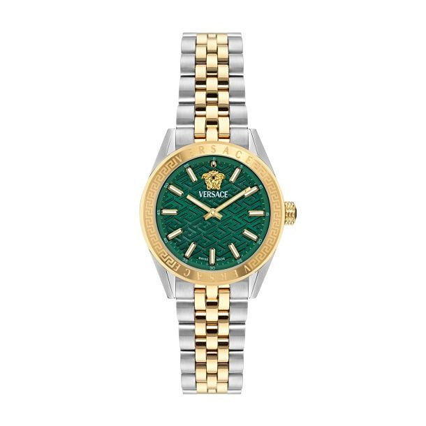 Versace V-Code Analog Green Dial Two Tone Steel Strap Watch for Women - VE8I00424
