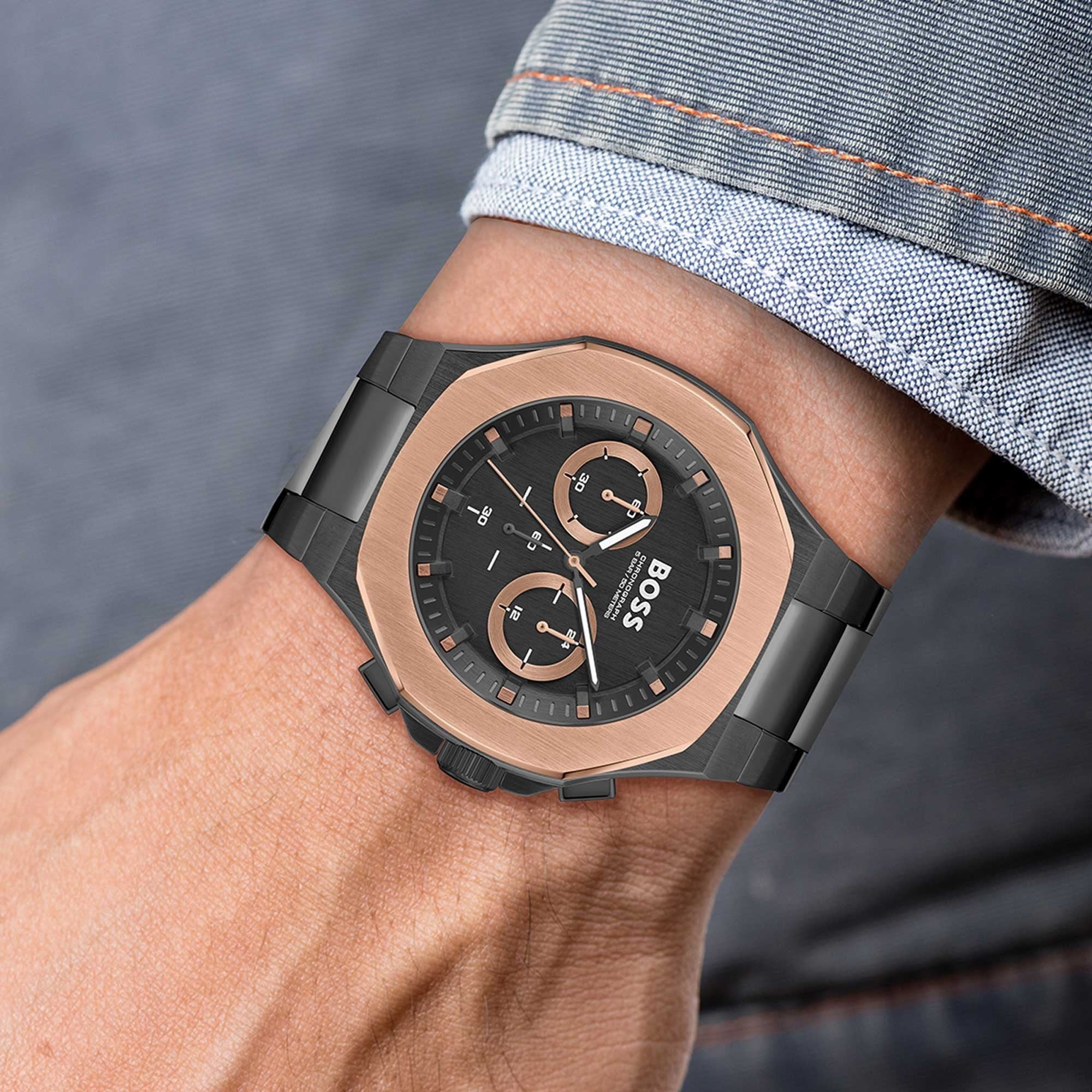 Hugo Boss Taper Chronograph Black Dial Black Steel Strap Watch for Men - 1514090