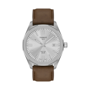 Tissot PRC 100 Solar Quartz Silver Dial Brown Leather Strap Watch for Men - T151.422.16.031.00