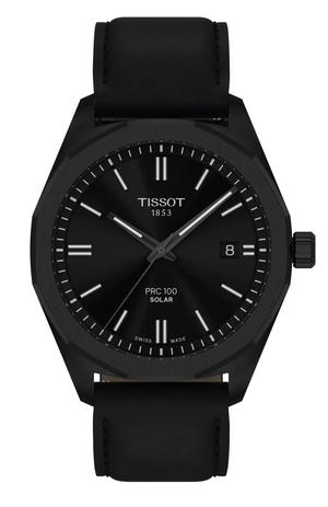 Tissot PRC 100 Solar Quartz Black Dial Black Leather Strap Watch for Men - T151.422.36.051.00