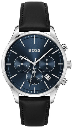 Hugo Boss Avery Chronograph Blue Dial Black Leather Strap Watch for Men - 1514156