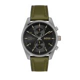 Hugo Boss Skytraveller Chronograph Black Dial Green Leather Strap Watch for Men - 1514148