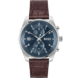 Hugo Boss Skytraveller Chronograph Blue Dial Brown Leather Strap Watch for Men - 1514194