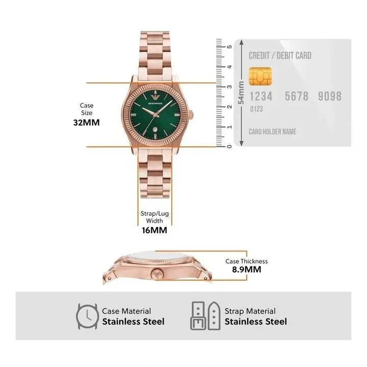 Emporio Armani Federica Analog Green Dial Rose Gold Steel Strap Watch for Women - AR11639